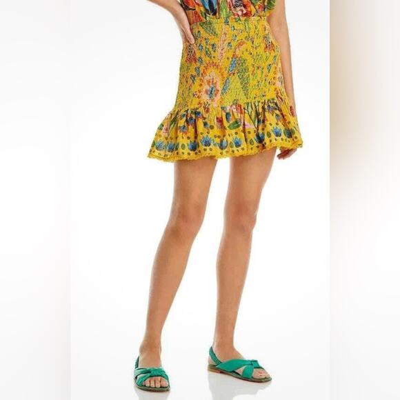 FARM RIO Summer Garden Dream Yellow Multi Floral Ruffled Mini Skirt XL, NWT - Picture 2 of 11